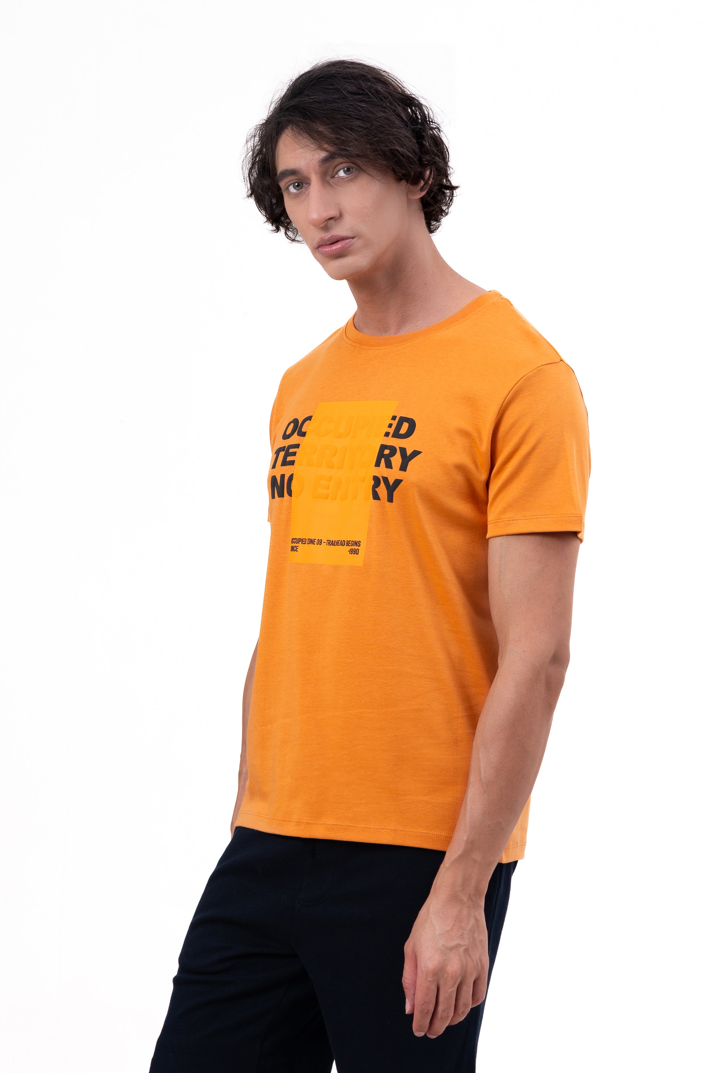 Mens Crew Neck Half Sleeve T-Shirt with Chest Print & Puff Effect Orange