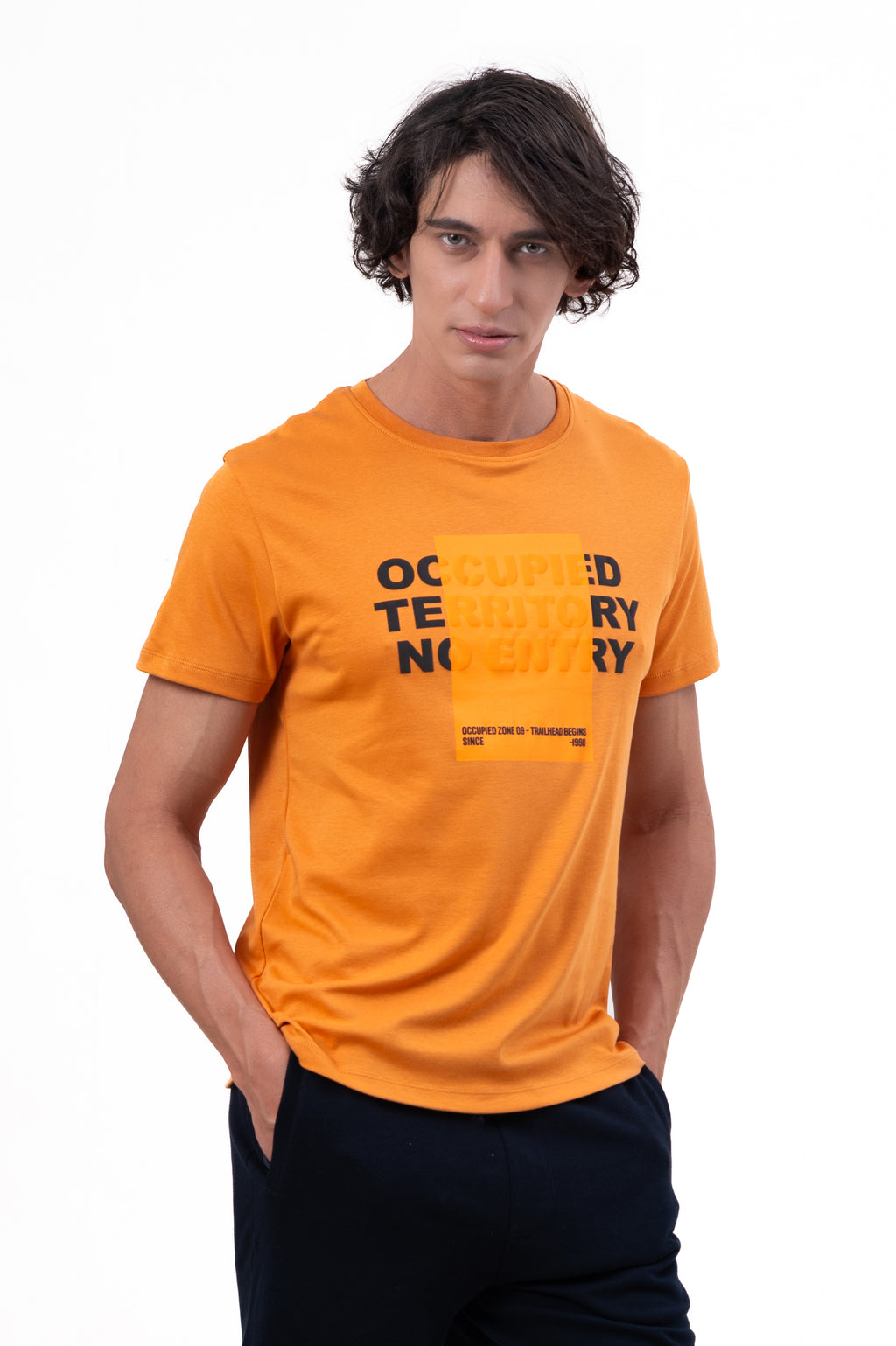 Mens Crew Neck Half Sleeve T-Shirt with Chest Print & Puff Effect Orange