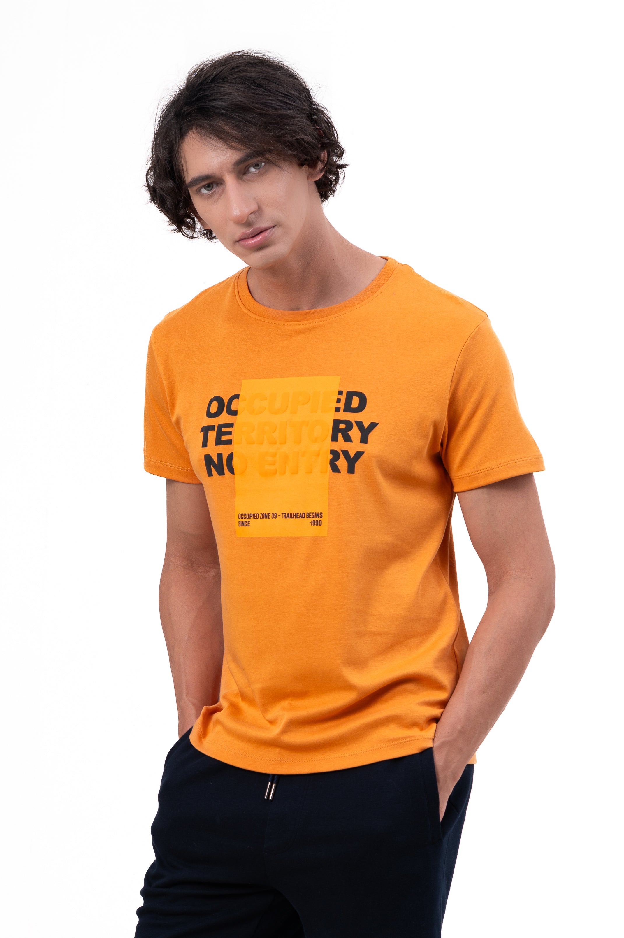 Mens Crew Neck Half Sleeve T-Shirt with Chest Print & Puff Effect Orange