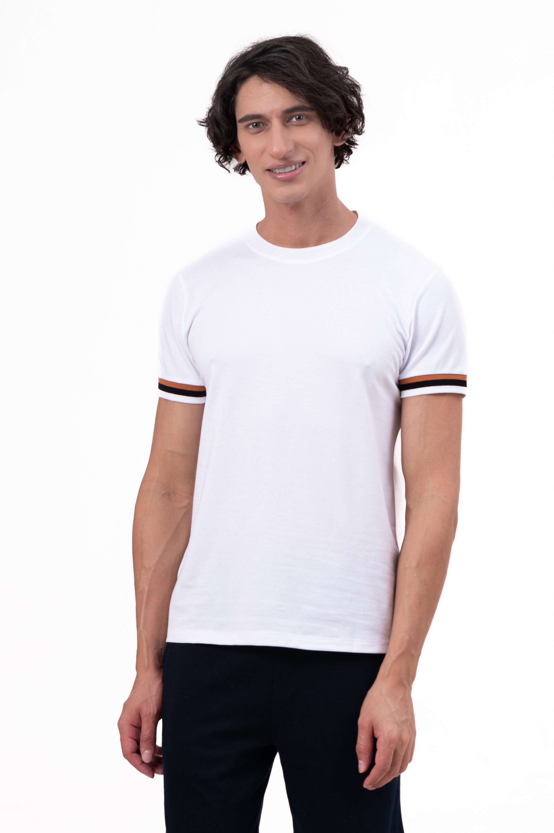 Mens Crew Neck Half Sleeve Solid T-Shirt with Contrast Cuff & Rib White