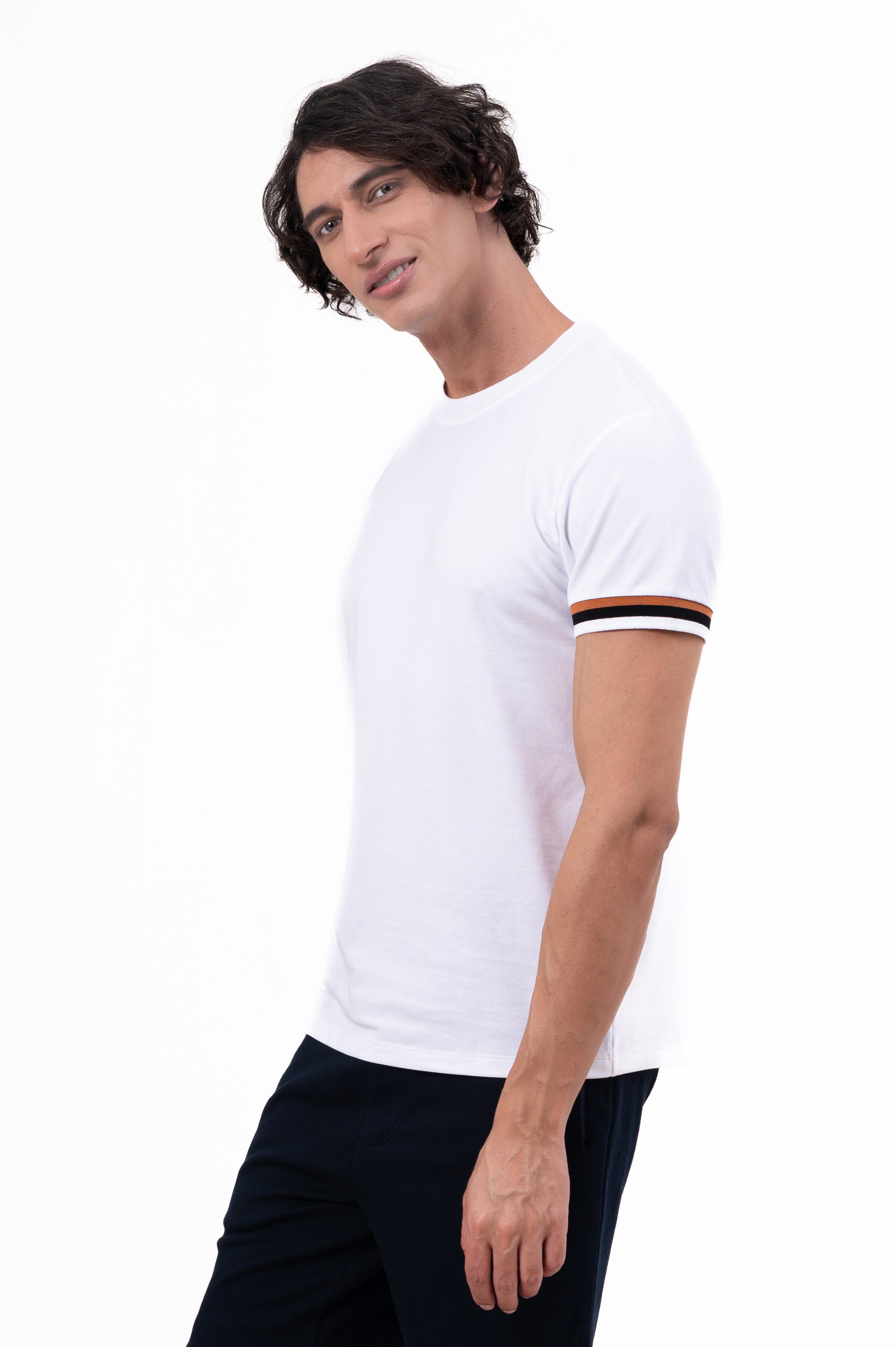 Mens Crew Neck Half Sleeve Solid T-Shirt with Contrast Cuff & Rib White