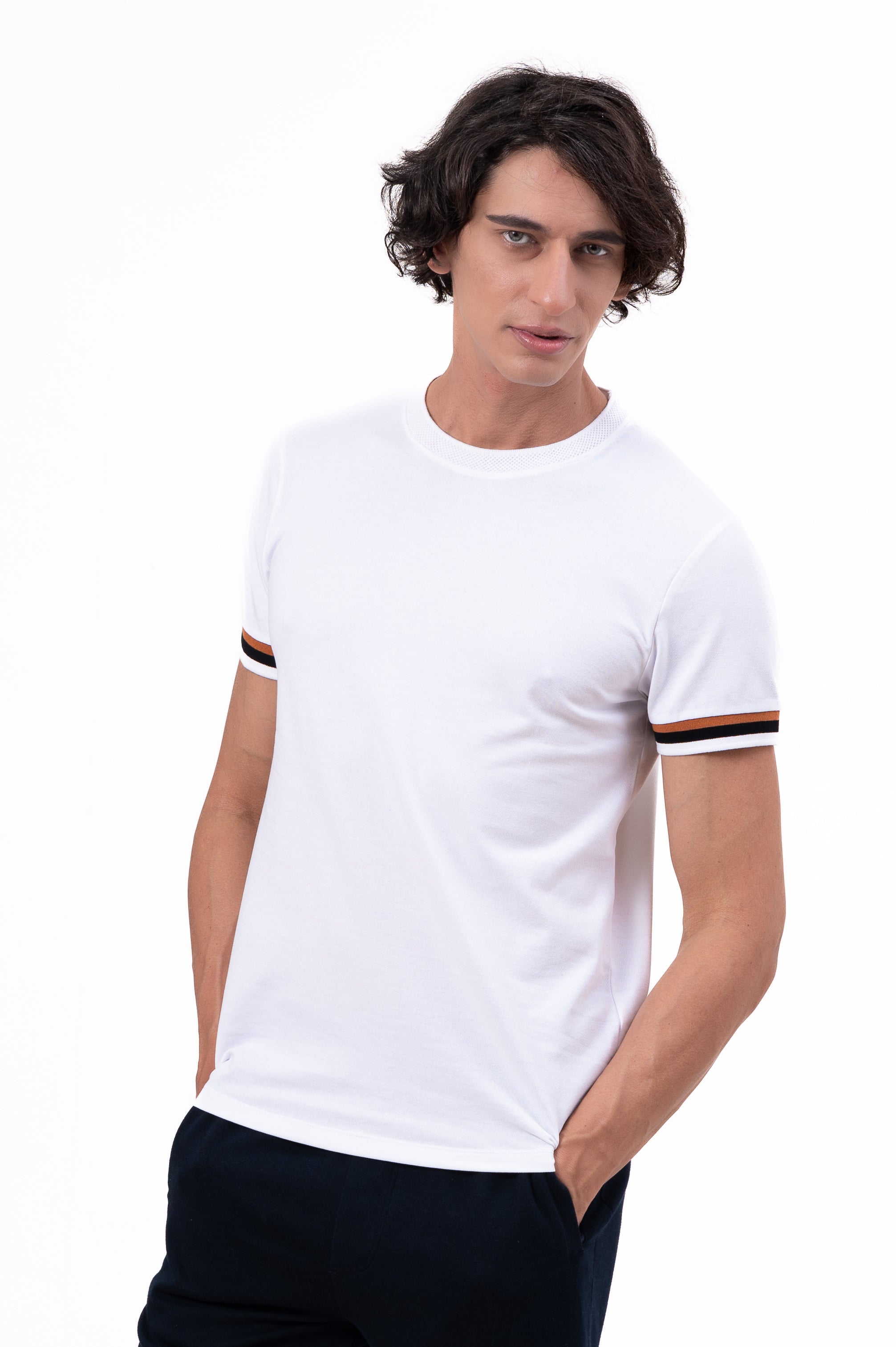 Mens Crew Neck Half Sleeve Solid T-Shirt with Contrast Cuff & Rib White