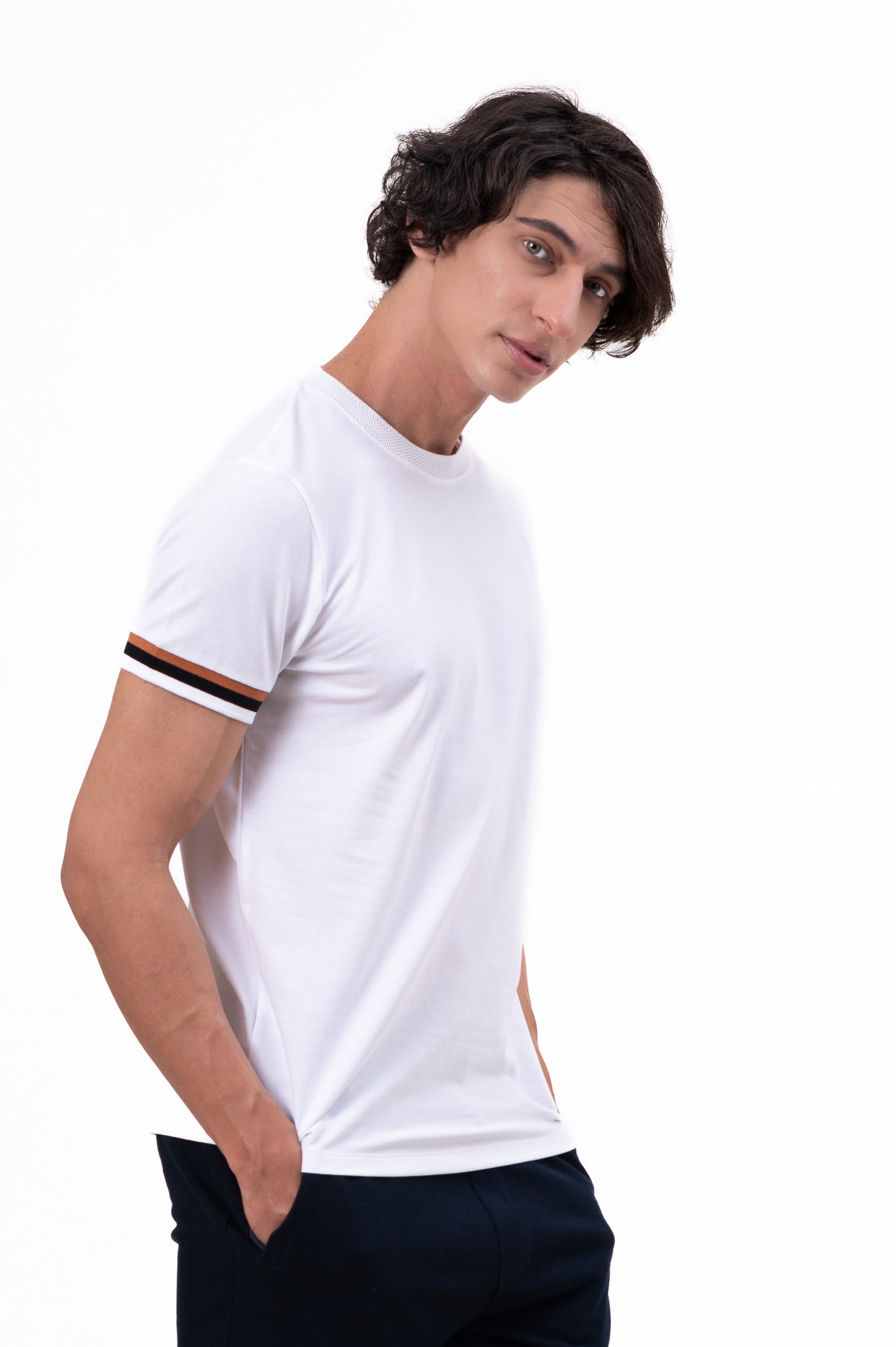 Mens Crew Neck Half Sleeve Solid T-Shirt with Contrast Cuff & Rib White