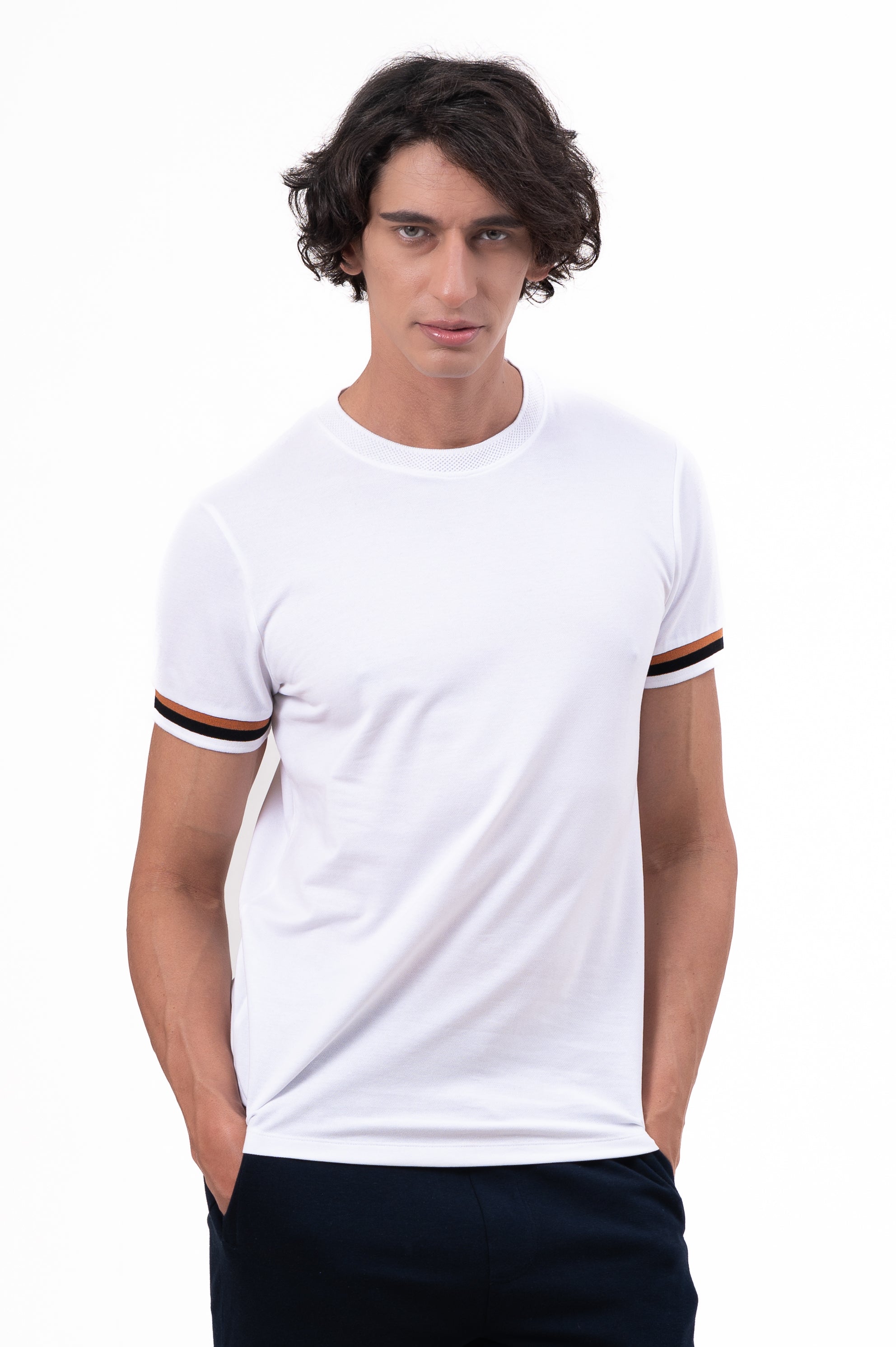 Mens Crew Neck Half Sleeve Solid T-Shirt with Contrast Cuff & Rib White