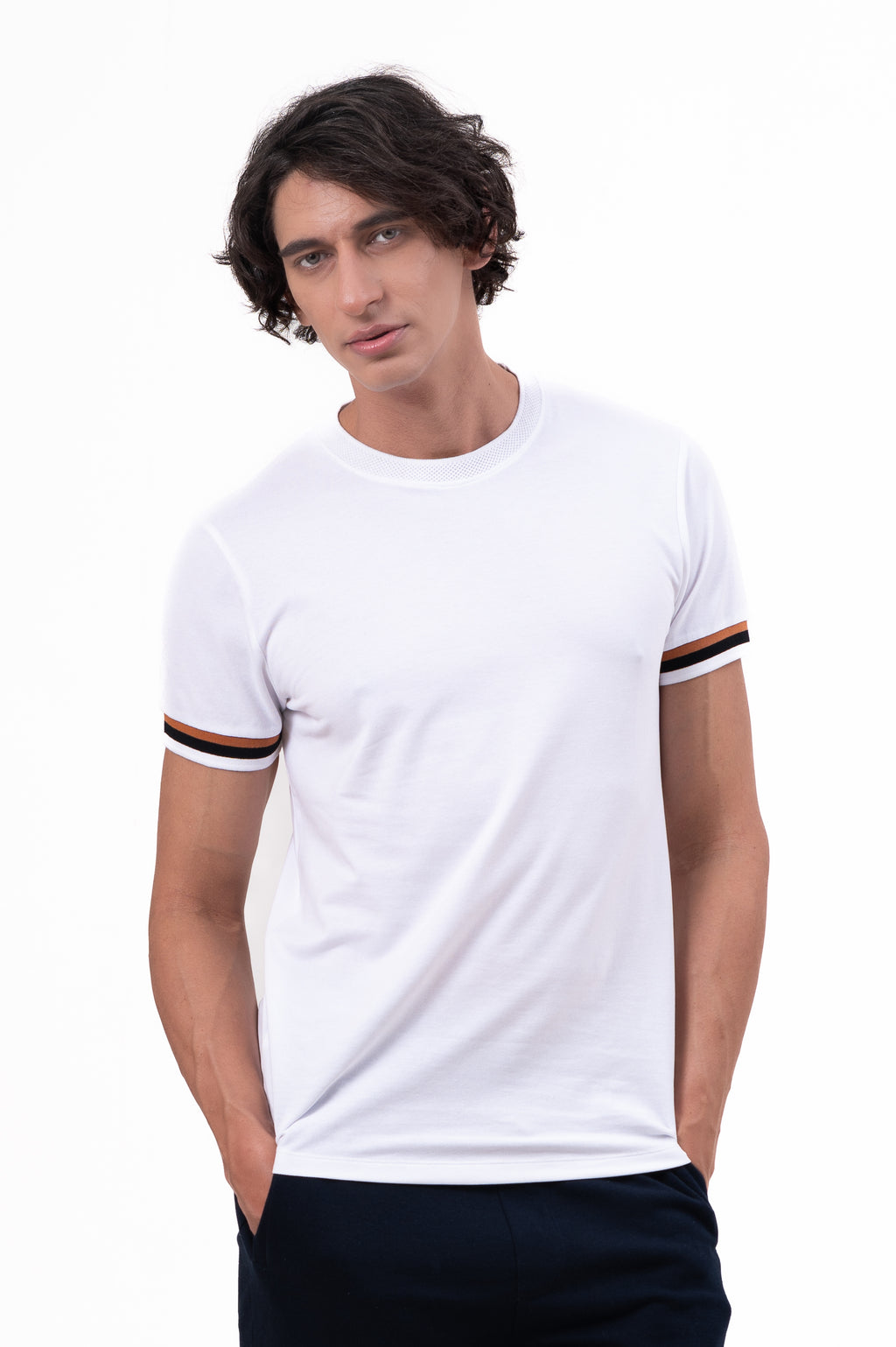 Mens Crew Neck Half Sleeve Solid T-Shirt with Contrast Cuff & Rib White