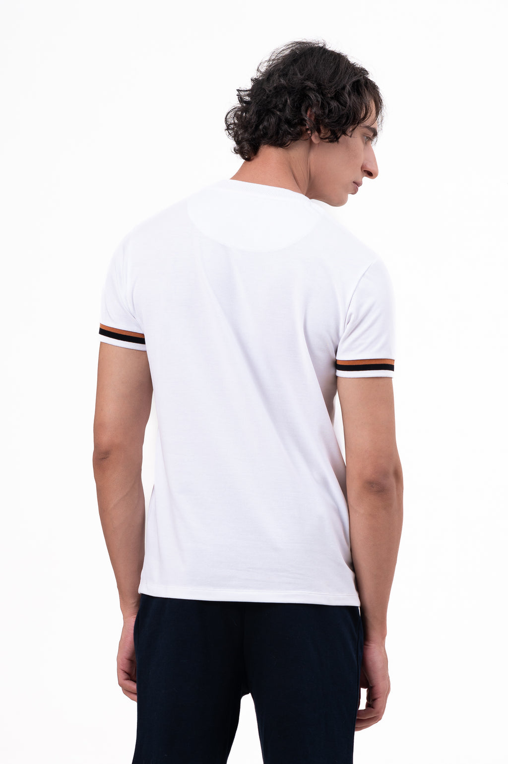 Mens Crew Neck Half Sleeve Solid T-Shirt with Contrast Cuff & Rib White