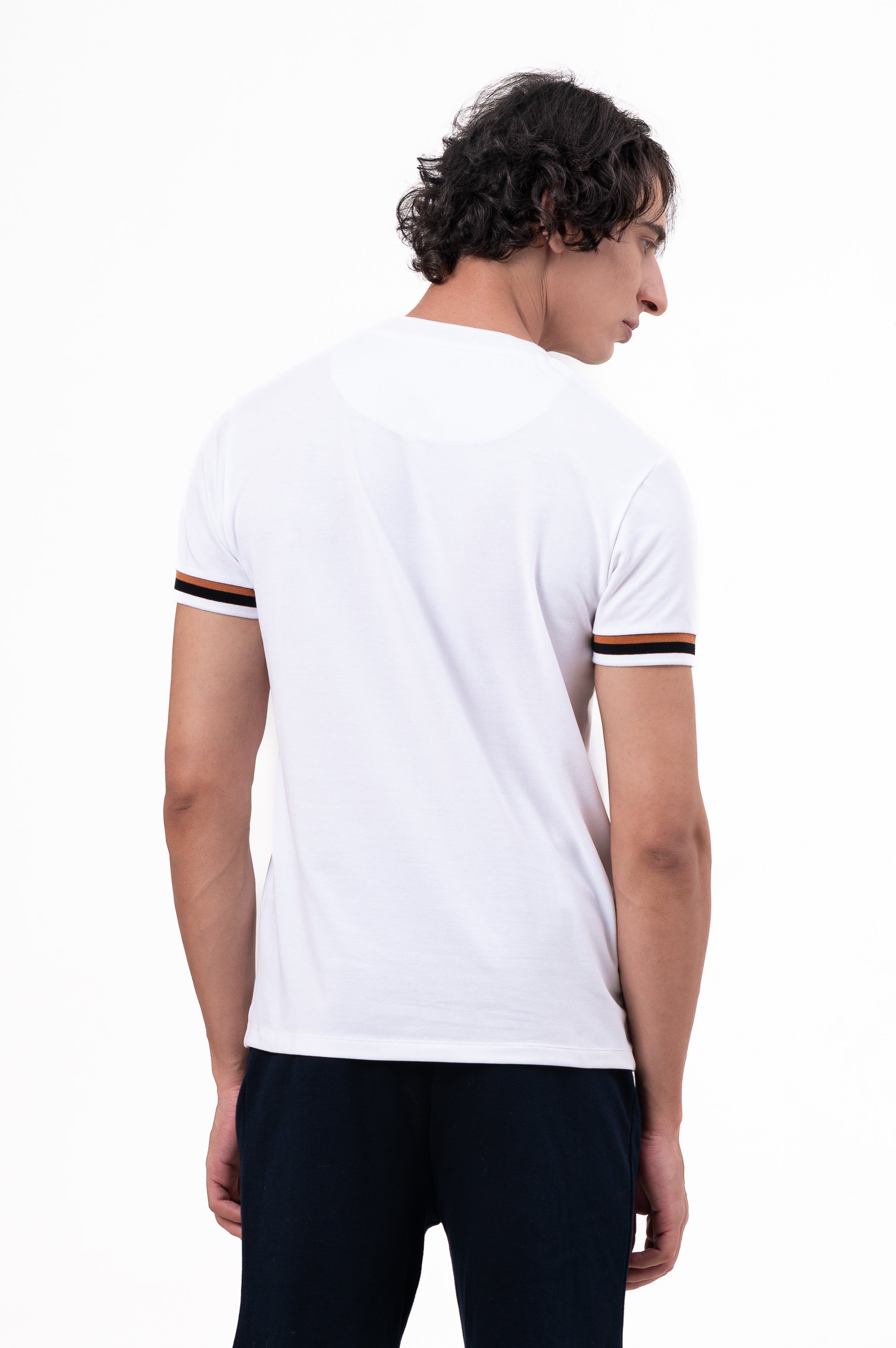 Mens Crew Neck Half Sleeve Solid T-Shirt with Contrast Cuff & Rib White