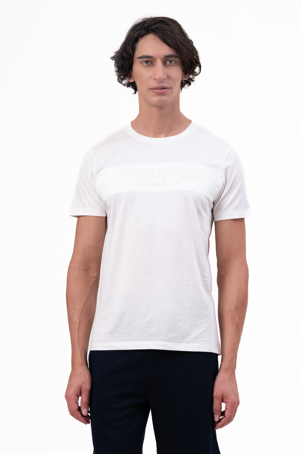 Mens Crew Neck Half Sleeve T-Shirt with Chest Print, Cuff, and Rib Detailing White