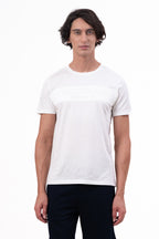 Mens Crew Neck Half Sleeve T-Shirt with Chest Print, Cuff, and Rib Detailing White