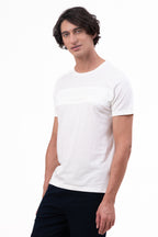 Mens Crew Neck Half Sleeve T-Shirt with Chest Print, Cuff, and Rib Detailing White