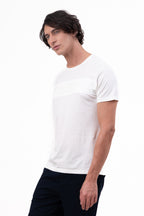 Mens Crew Neck Half Sleeve T-Shirt with Chest Print, Cuff, and Rib Detailing White