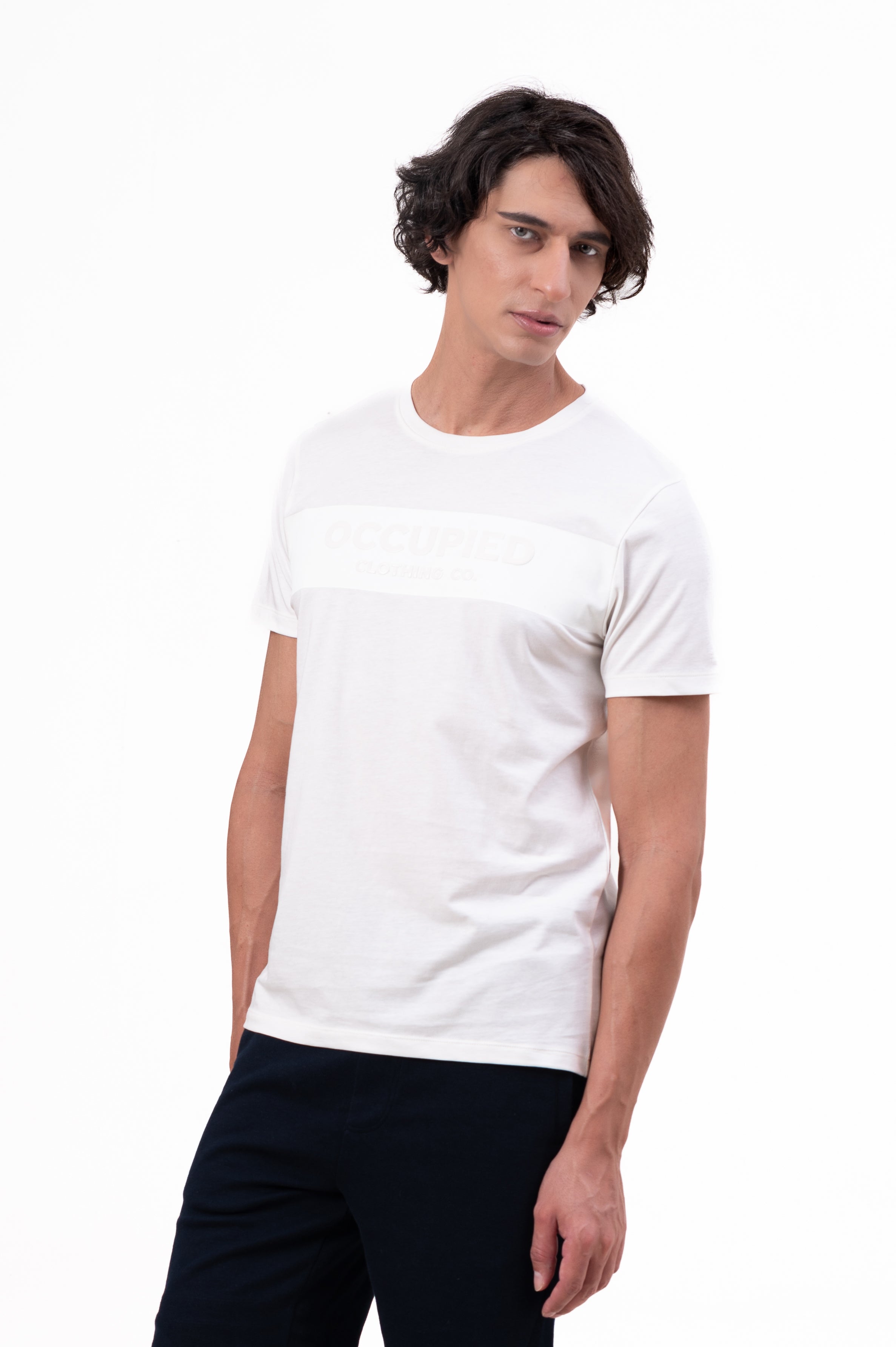 Mens Crew Neck Half Sleeve T-Shirt with Chest Print, Cuff, and Rib Detailing White