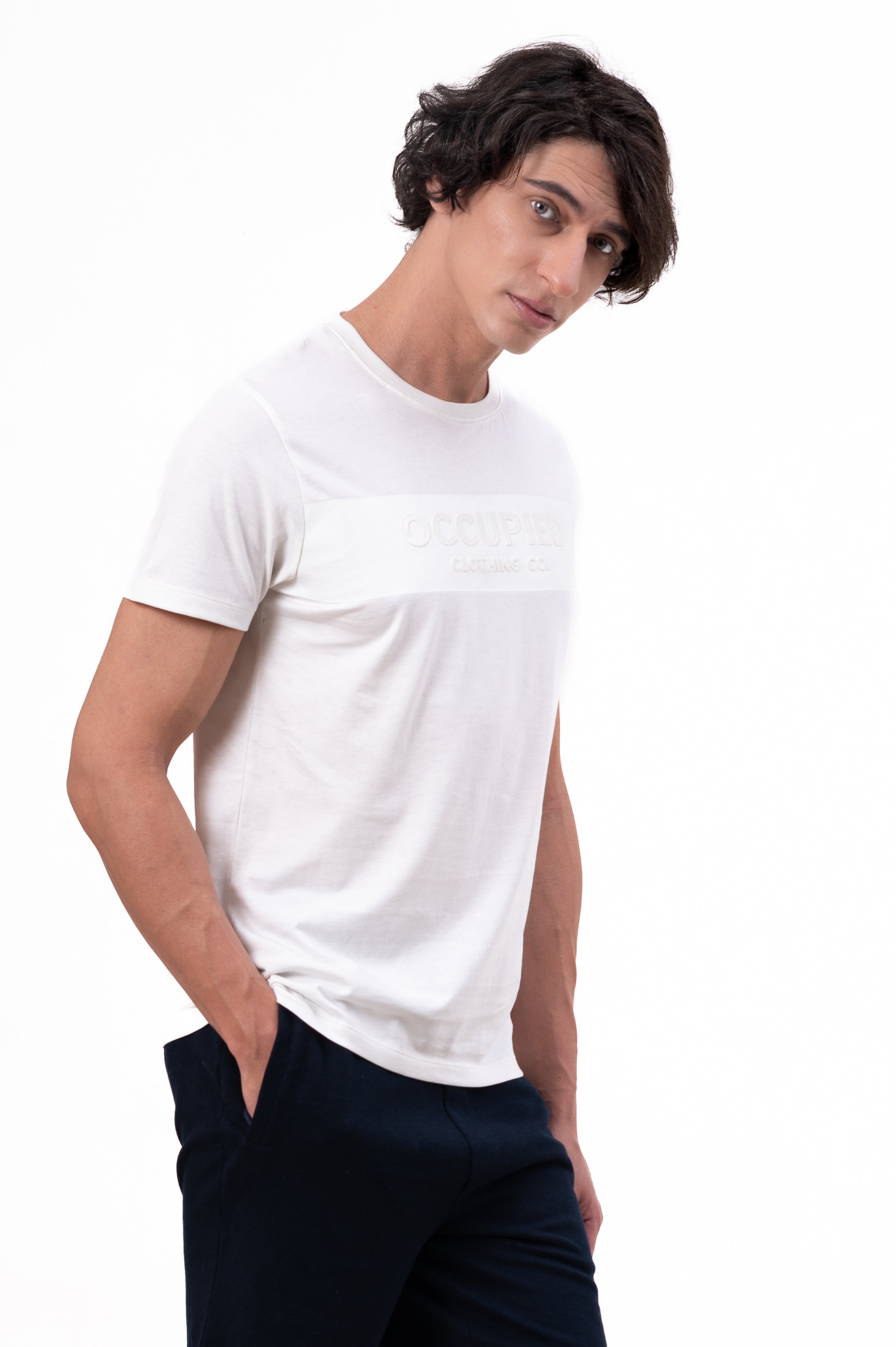 Mens Crew Neck Half Sleeve T-Shirt with Chest Print, Cuff, and Rib Detailing White