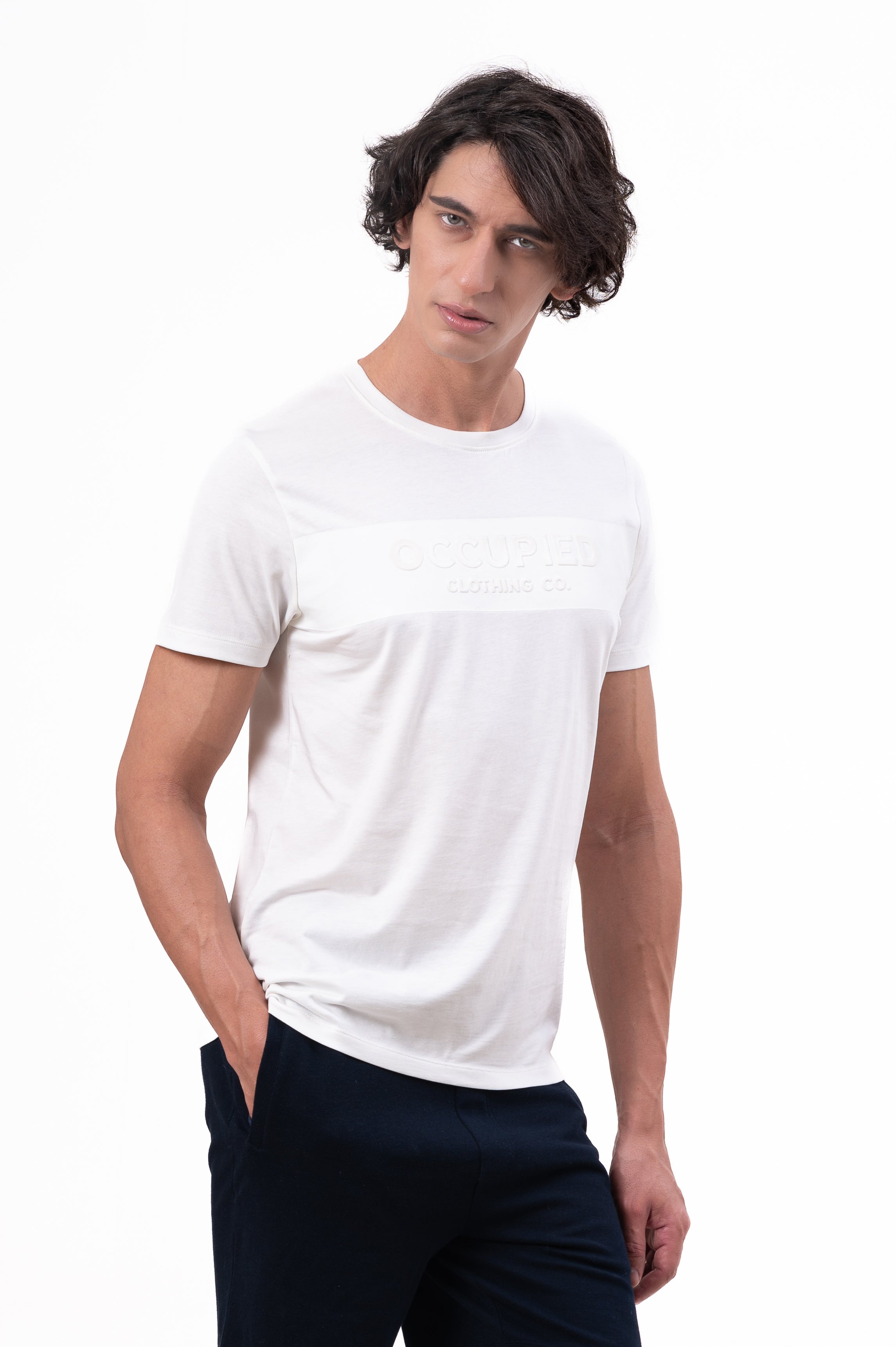 Mens Crew Neck Half Sleeve T-Shirt with Chest Print, Cuff, and Rib Detailing White