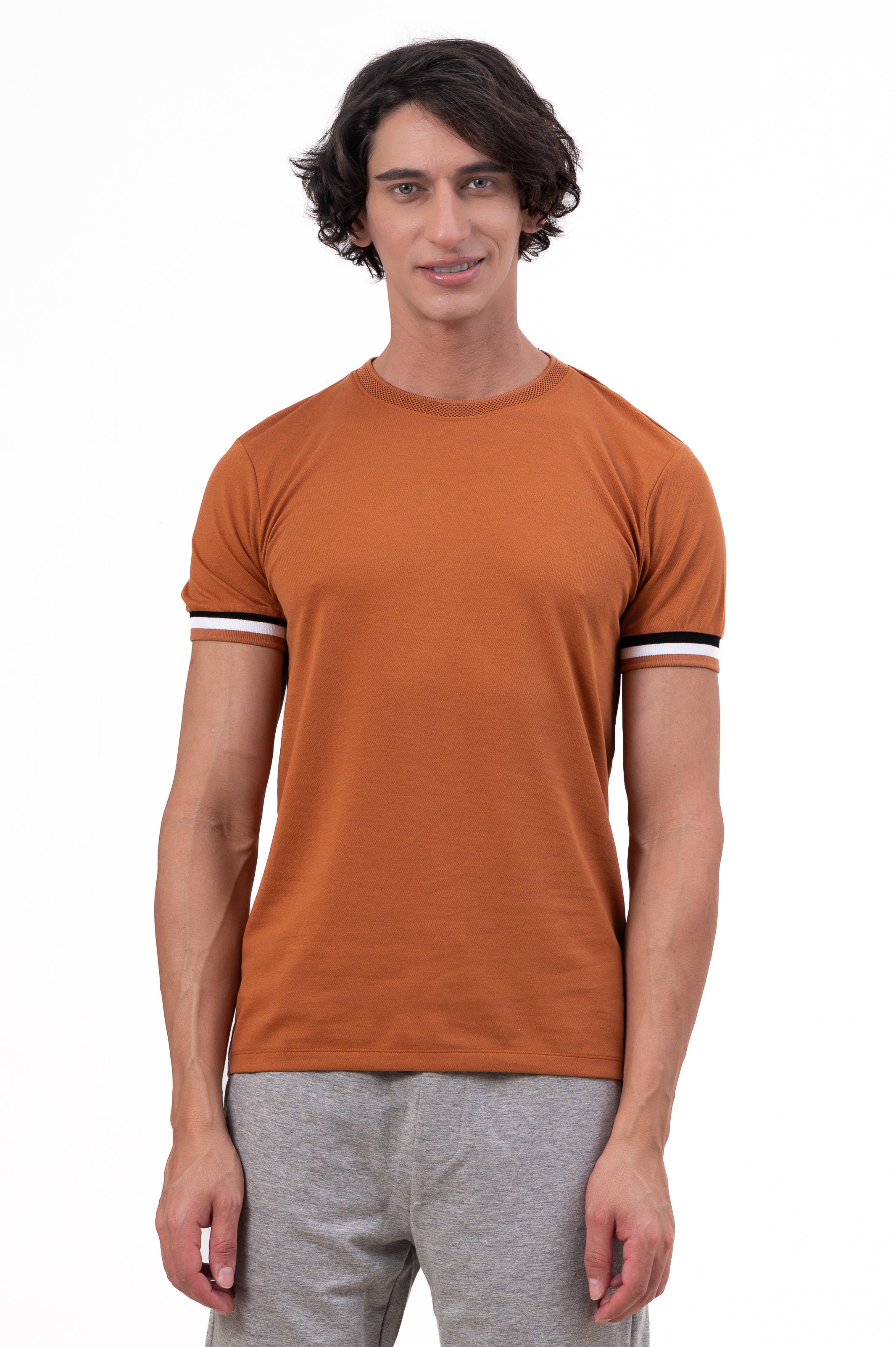 Mens Crew Neck Half Sleeve Solid T-Shirt with Contrast Cuff & Rib Brown