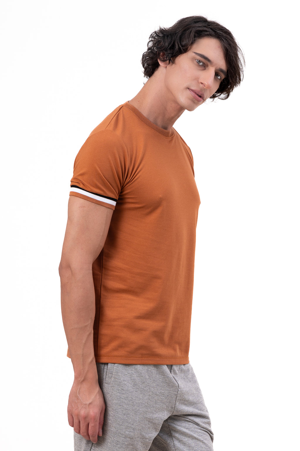 Mens Crew Neck Half Sleeve Solid T-Shirt with Contrast Cuff & Rib Brown