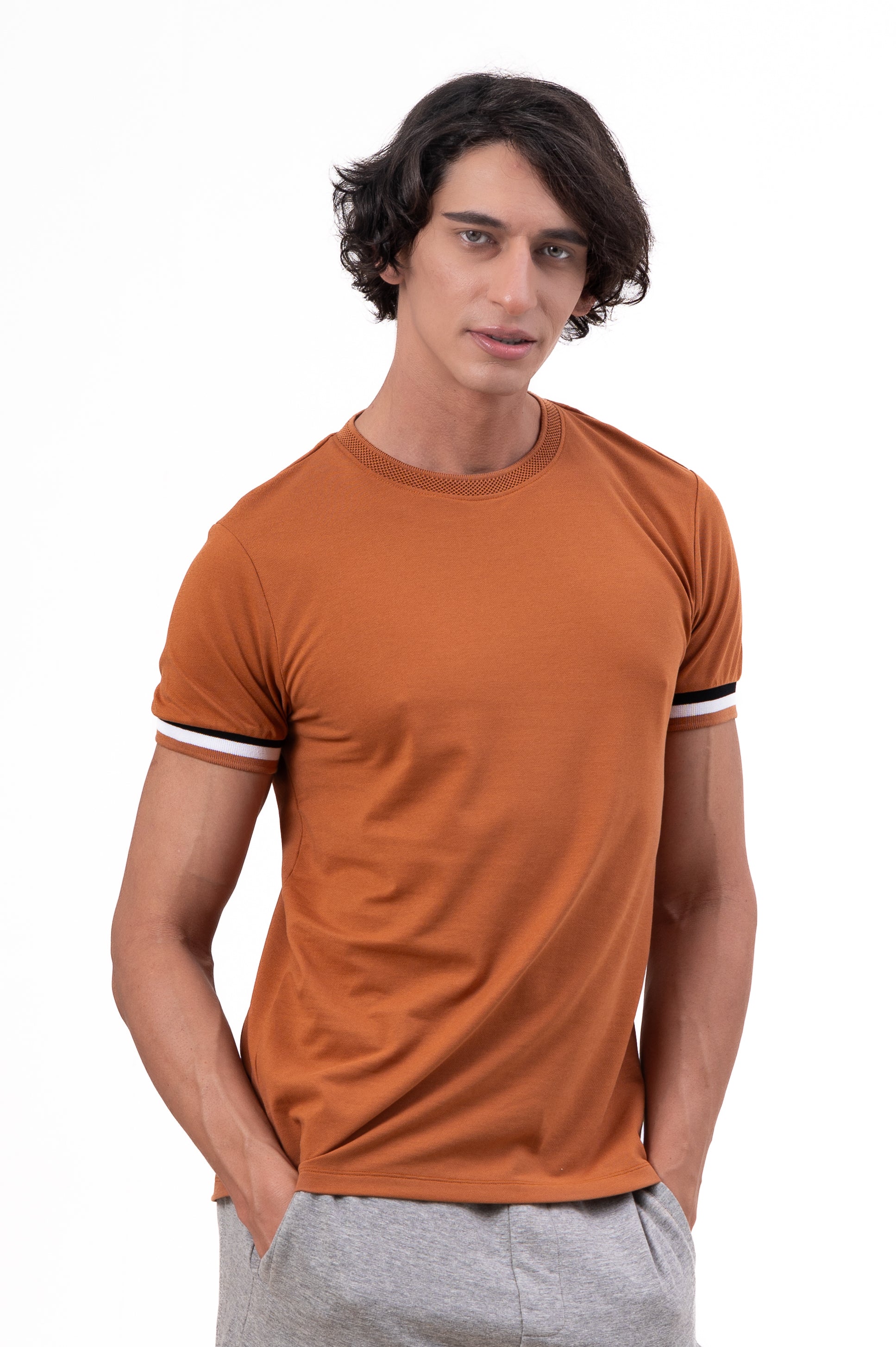 Mens Crew Neck Half Sleeve Solid T-Shirt with Contrast Cuff & Rib Brown