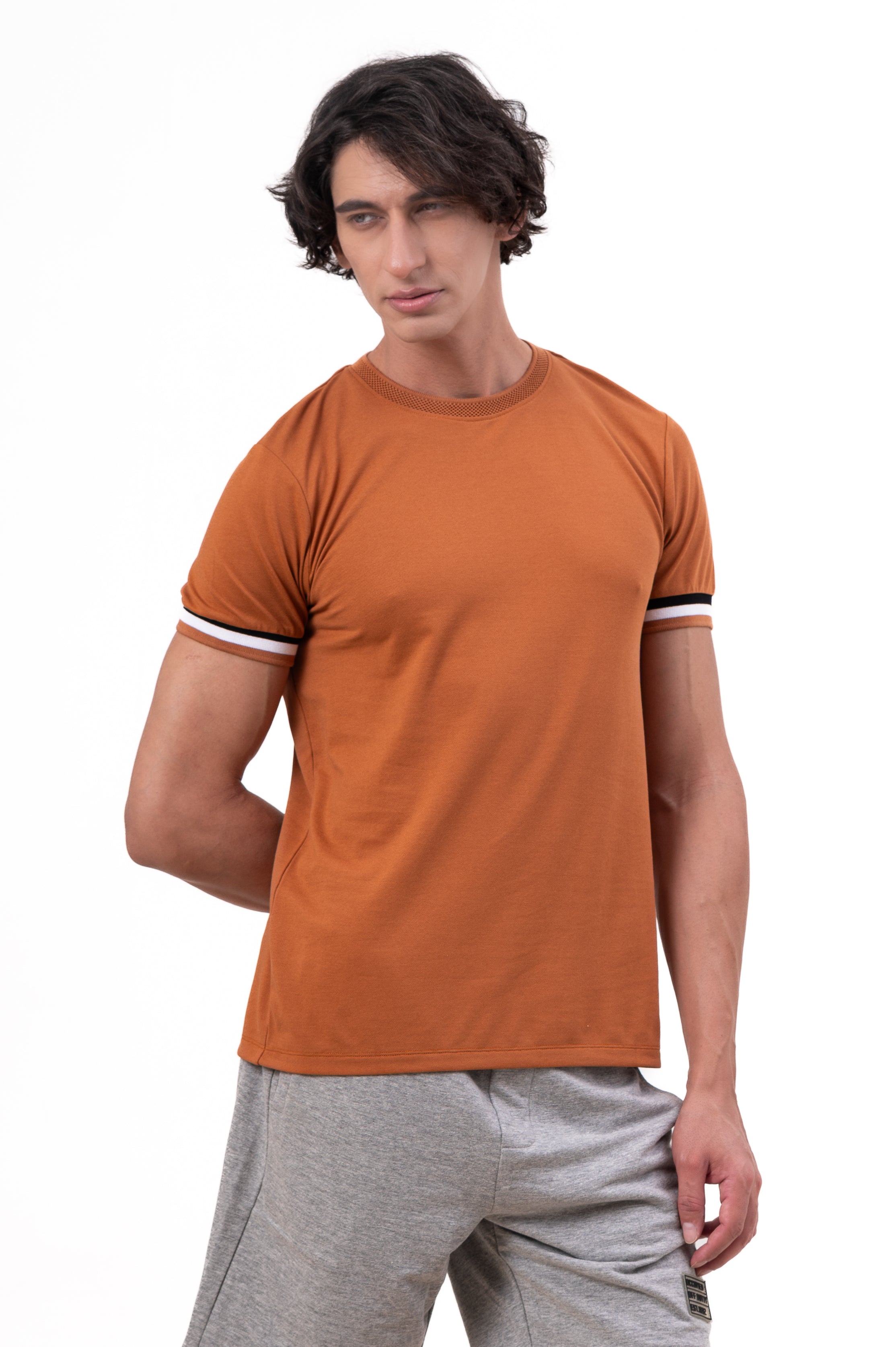 Mens Crew Neck Half Sleeve Solid T-Shirt with Contrast Cuff & Rib Brown