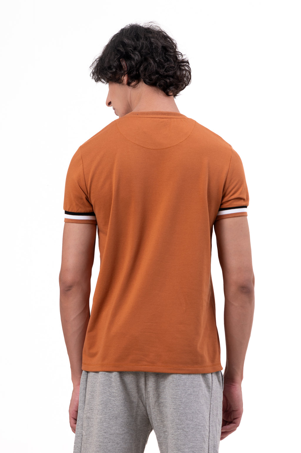 Mens Crew Neck Half Sleeve Solid T-Shirt with Contrast Cuff & Rib Brown