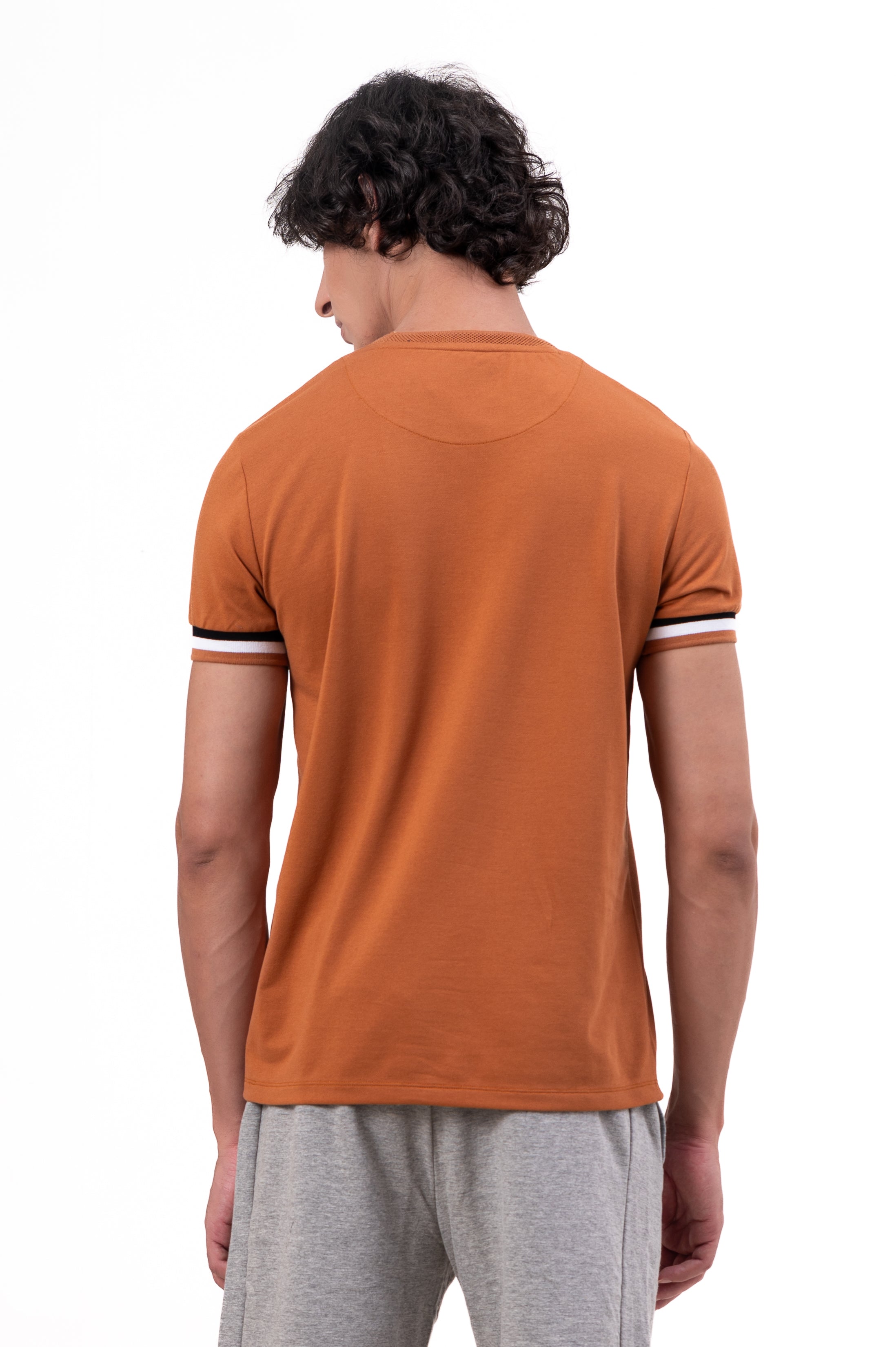 Mens Crew Neck Half Sleeve Solid T-Shirt with Contrast Cuff & Rib Brown