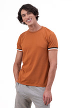 Mens Crew Neck Half Sleeve Solid T-Shirt with Contrast Cuff & Rib Brown