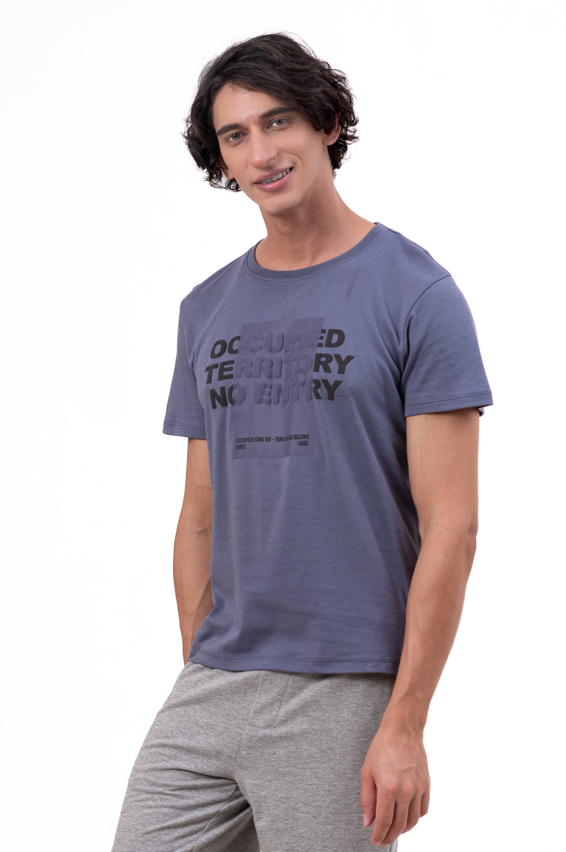 Mens Crew Neck Half Sleeve T-Shirt with Chest Print & Puff Effect Stone Blue