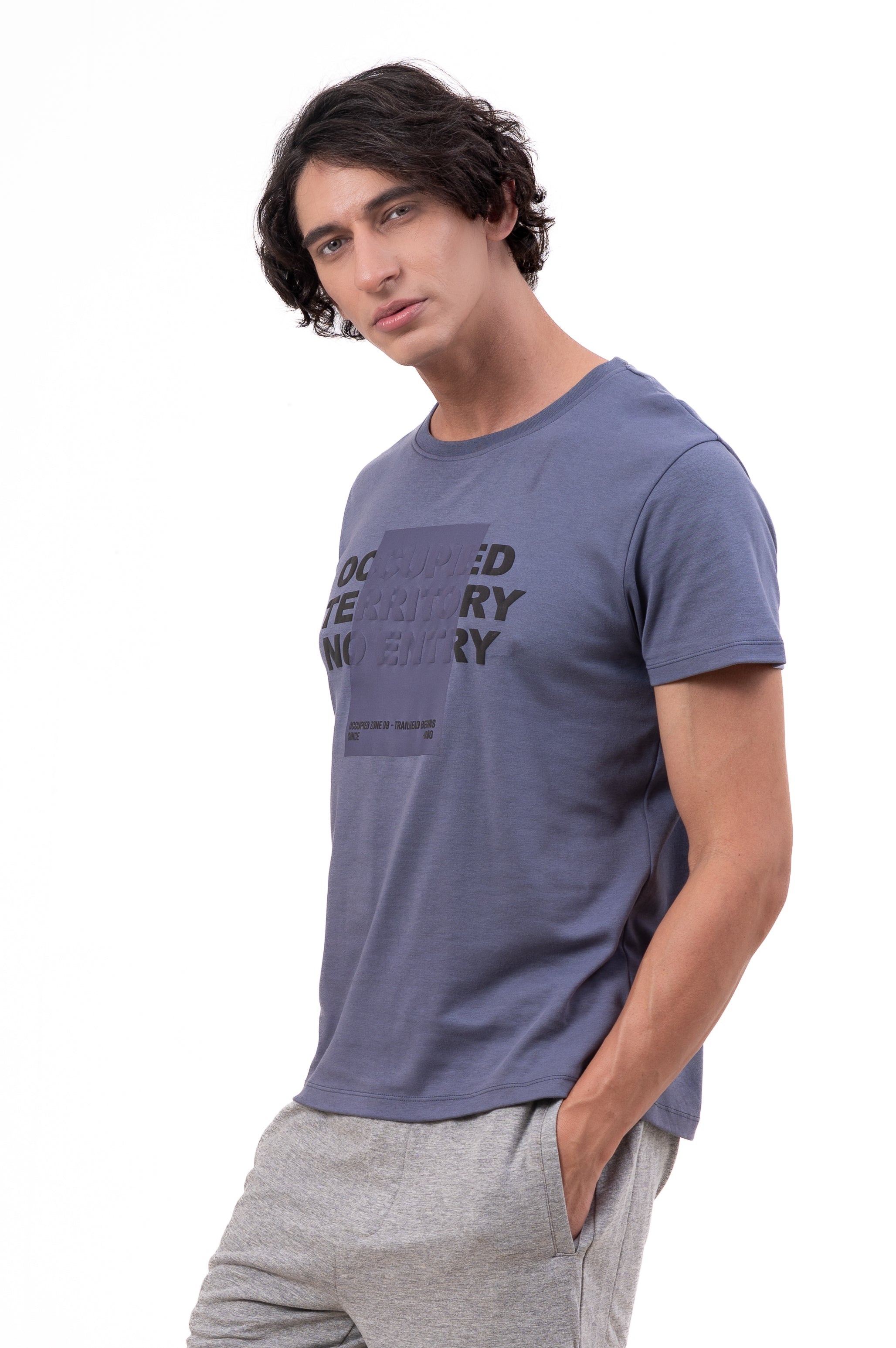 Mens Crew Neck Half Sleeve T-Shirt with Chest Print & Puff Effect Stone Blue