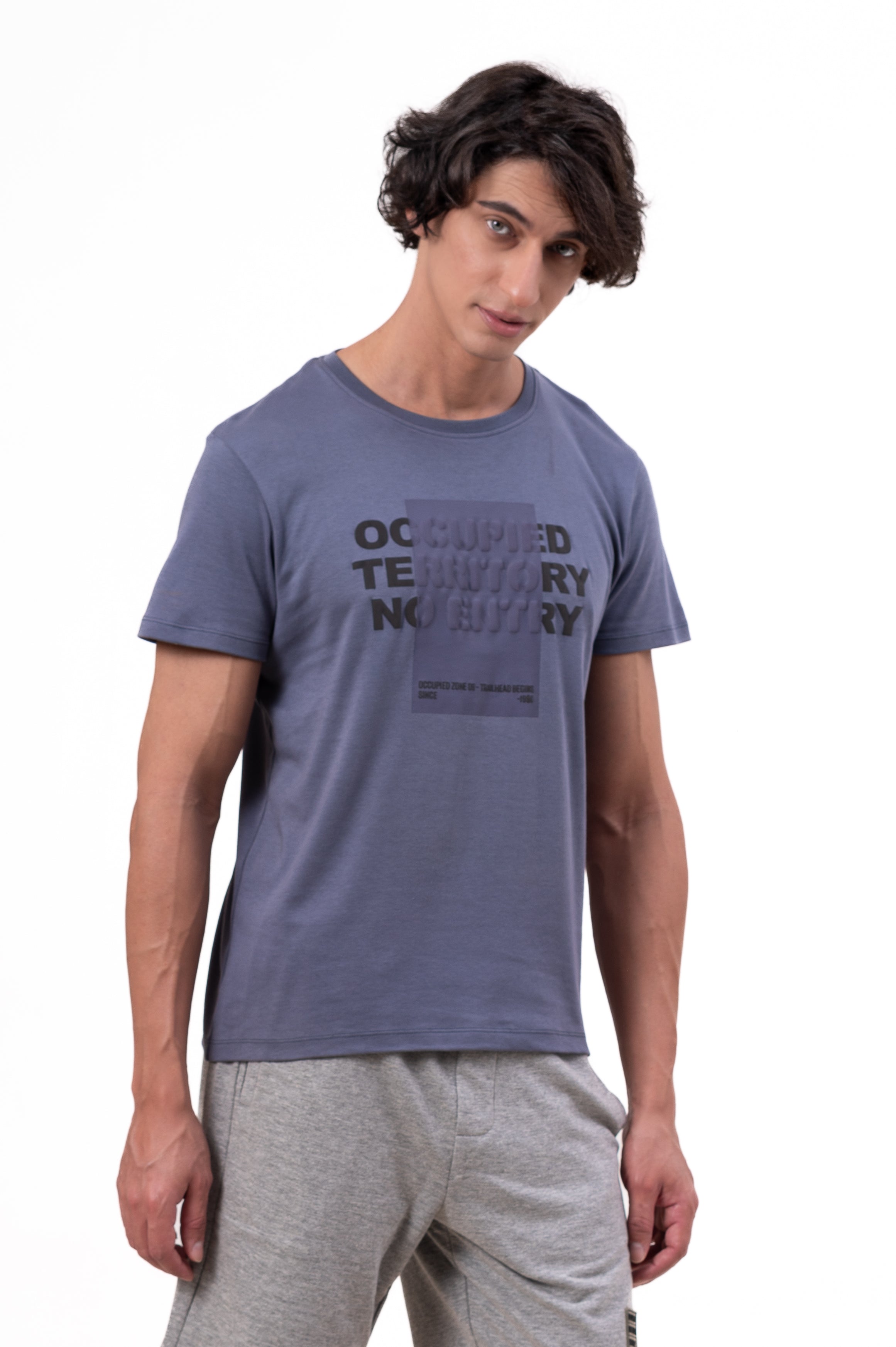 Mens Crew Neck Half Sleeve T-Shirt with Chest Print & Puff Effect Stone Blue