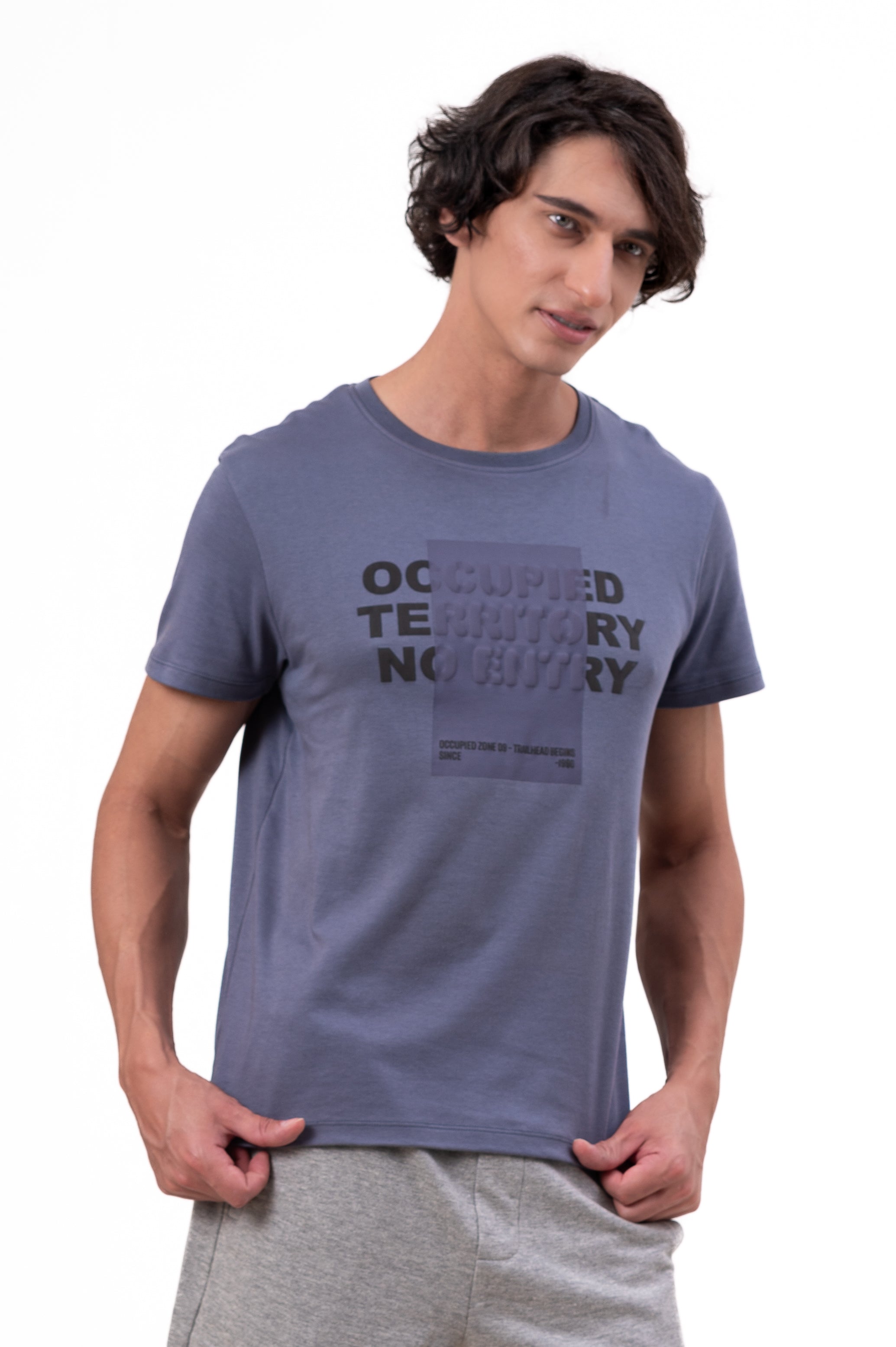 Mens Crew Neck Half Sleeve T-Shirt with Chest Print & Puff Effect Stone Blue