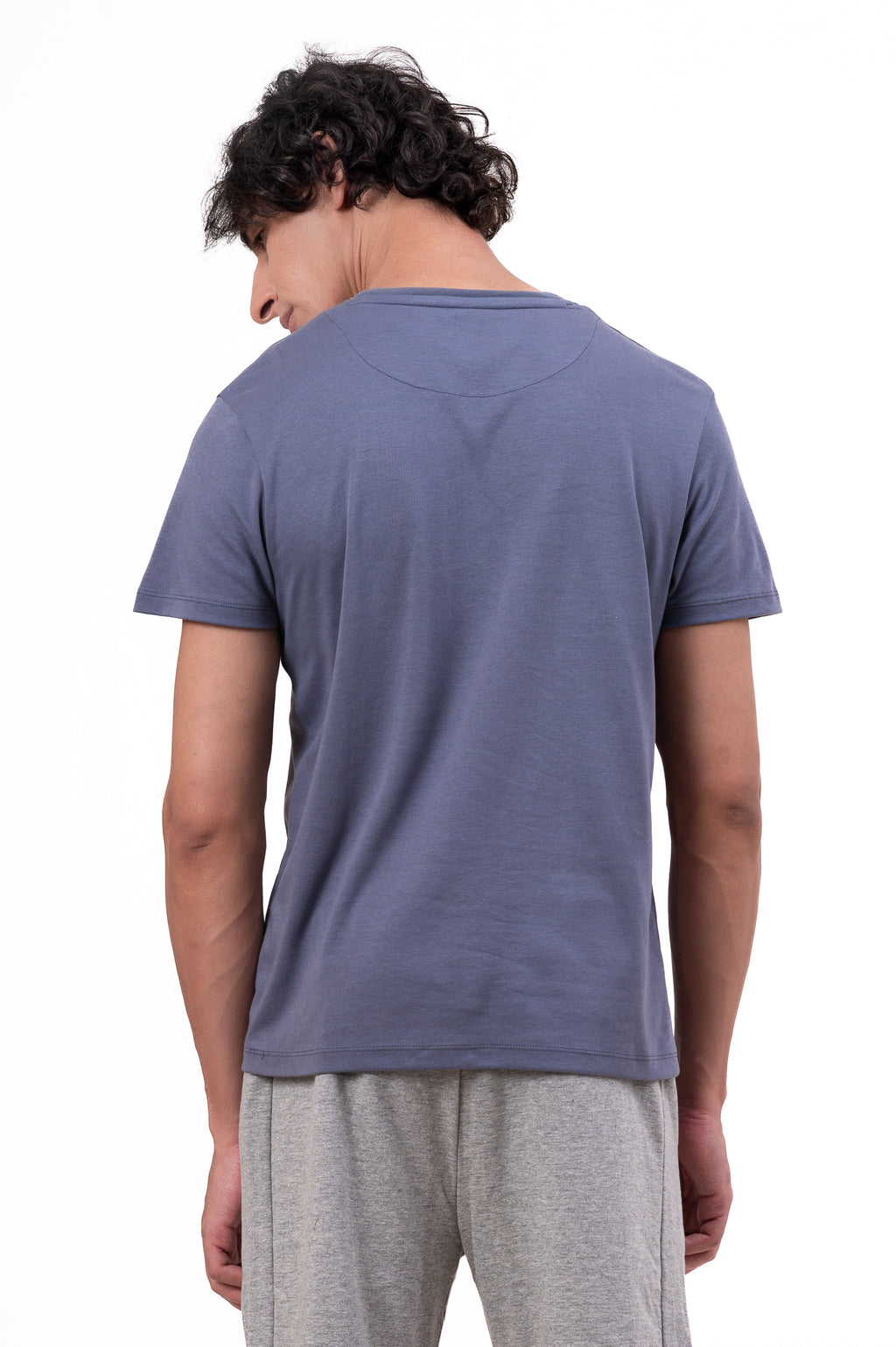 Mens Crew Neck Half Sleeve T-Shirt with Chest Print & Puff Effect Stone Blue