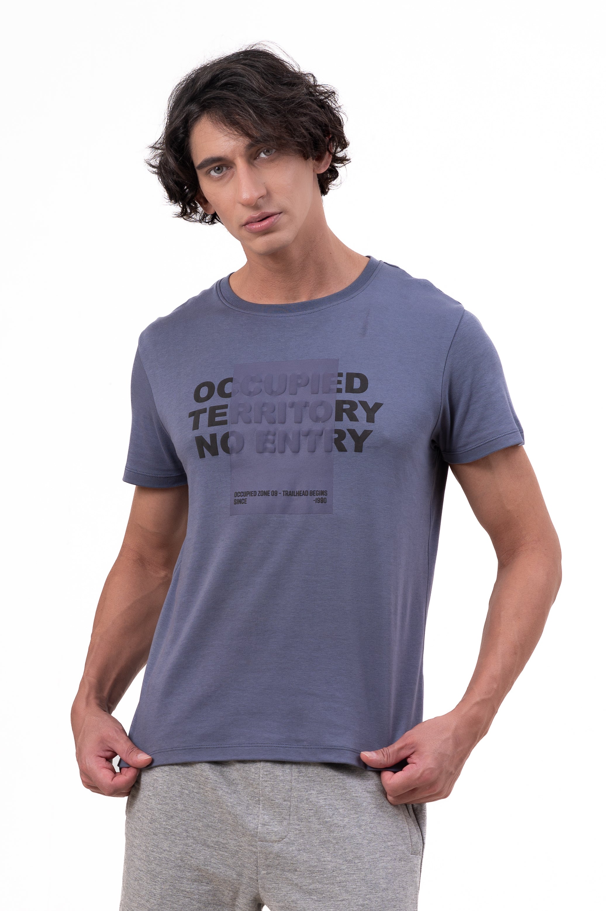 Mens Crew Neck Half Sleeve T-Shirt with Chest Print & Puff Effect Stone Blue