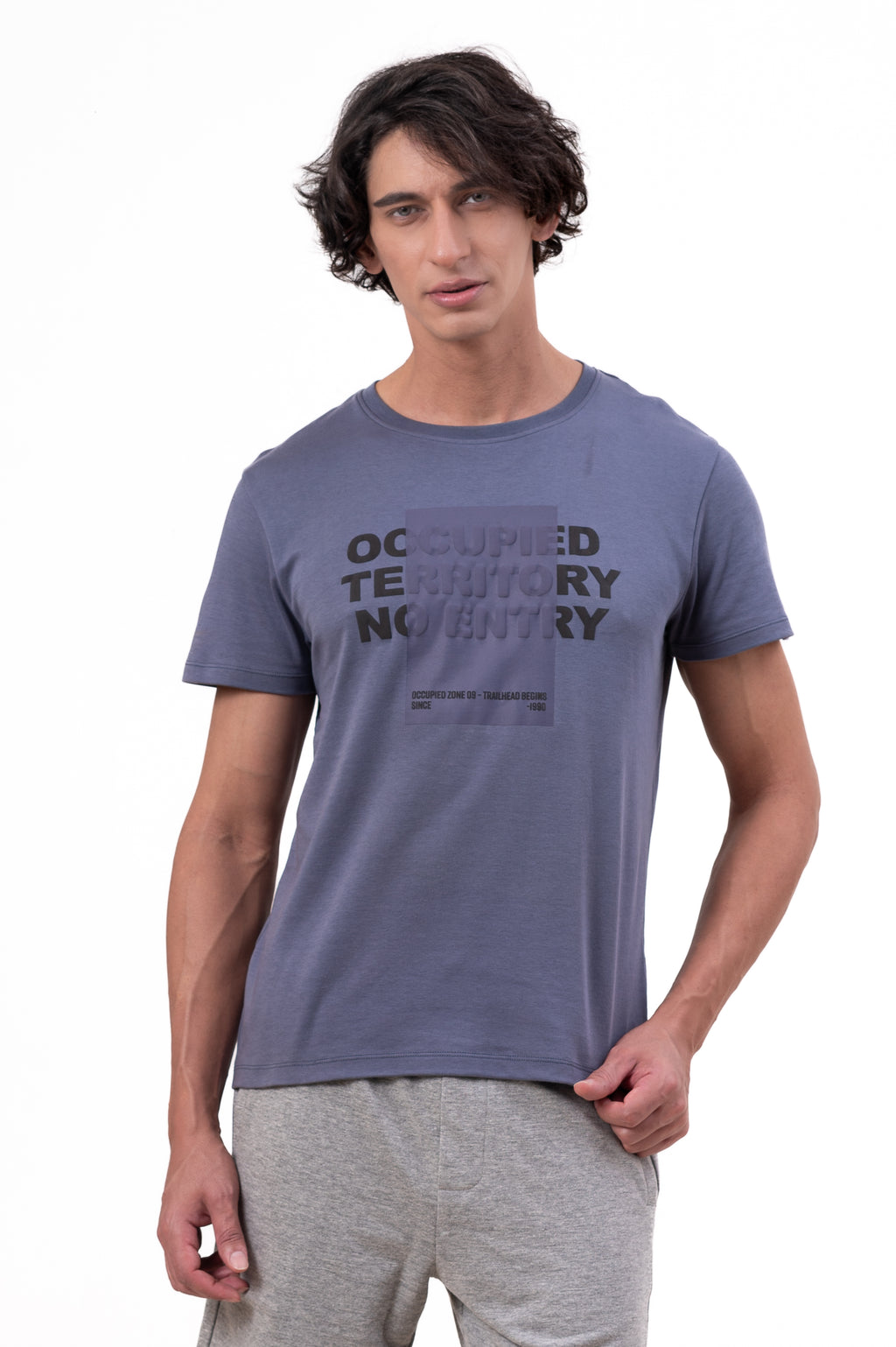 Mens Crew Neck Half Sleeve T-Shirt with Chest Print & Puff Effect Stone Blue