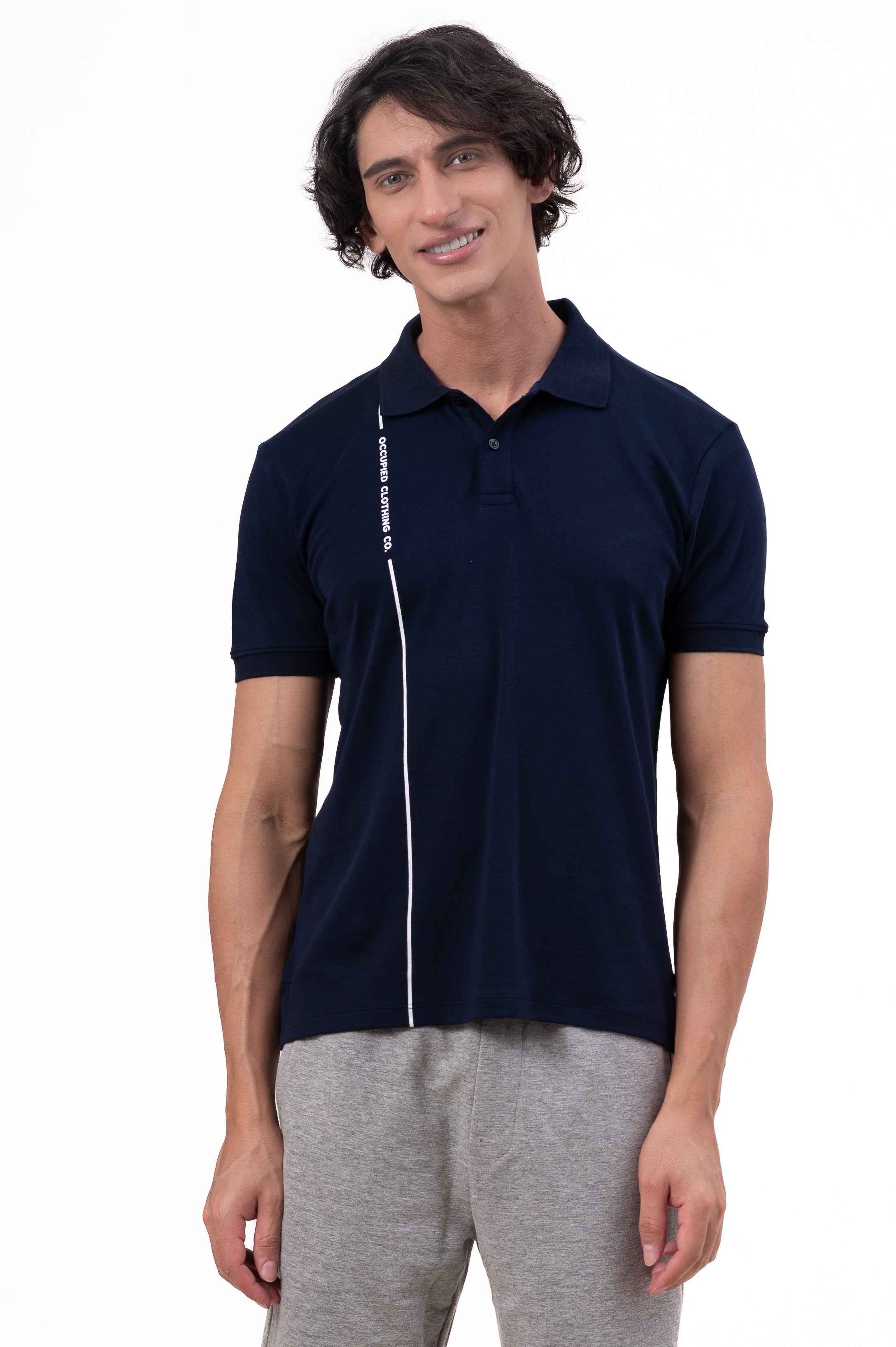Mens Polo Neck Half Sleeve T-Shirt with Print Navy Blue