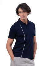 Mens Polo Neck Half Sleeve T-Shirt with Print Navy Blue