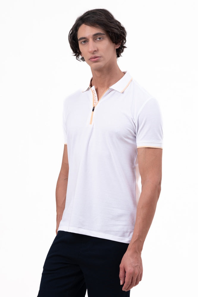 Mens Polo Neck Half Sleeve T-Shirt with Contrast Placket Print & Zipper White