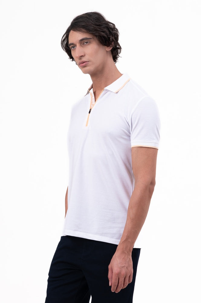 Mens Polo Neck Half Sleeve T-Shirt with Contrast Placket Print & Zipper White