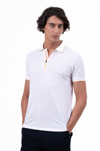 Mens Polo Neck Half Sleeve T-Shirt with Contrast Placket Print & Zipper White