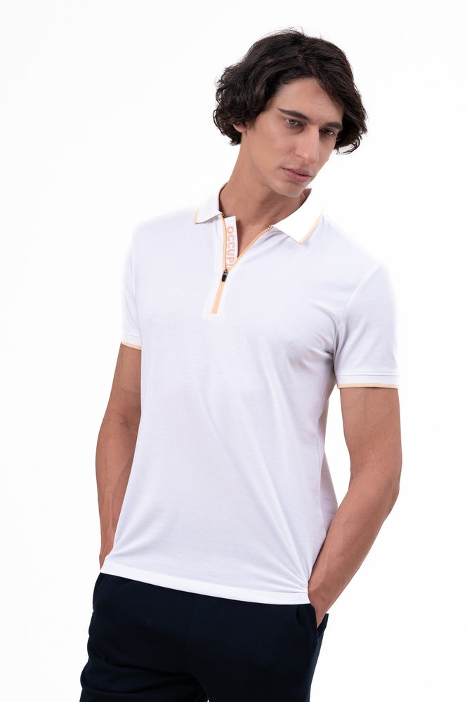 Mens Polo Neck Half Sleeve T-Shirt with Contrast Placket Print & Zipper White