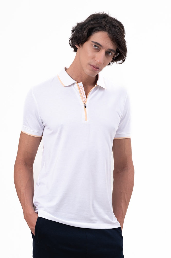 Mens Polo Neck Half Sleeve T-Shirt with Contrast Placket Print & Zipper White