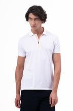 Mens Polo Neck Half Sleeve T-Shirt with Contrast Placket Print & Zipper White