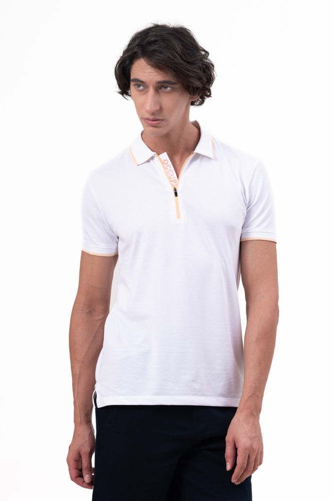 Mens Polo Neck Half Sleeve T-Shirt with Contrast Placket Print & Zipper White