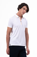 Mens Polo Neck Half Sleeve T-Shirt with Contrast Placket Print & Zipper White