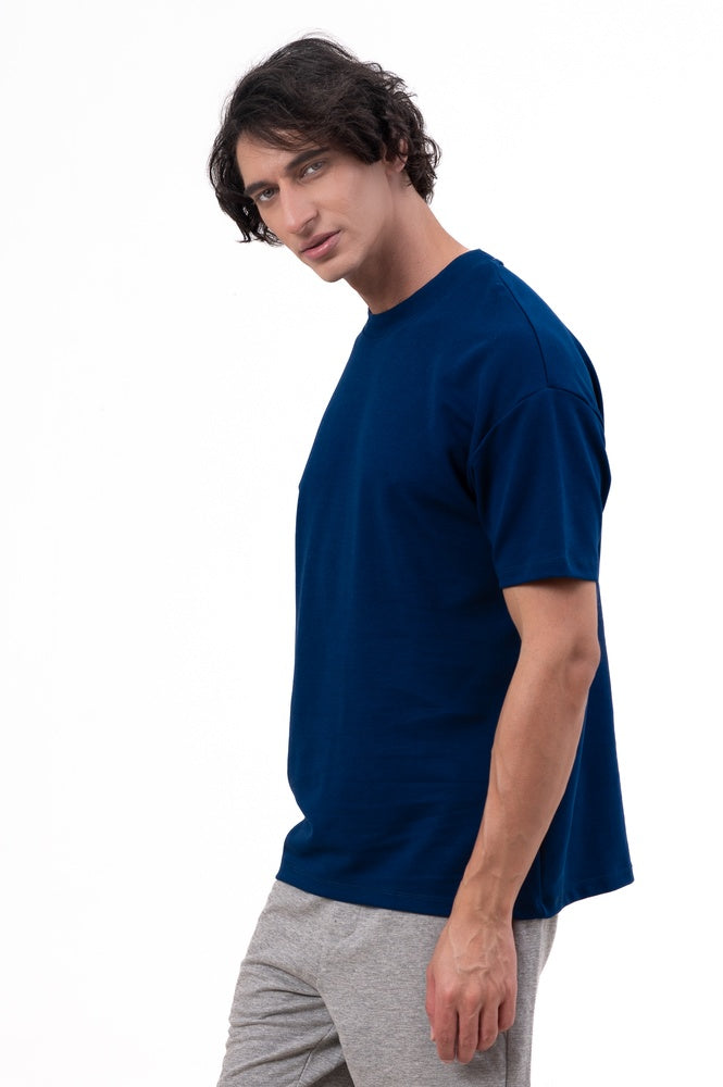 Mens Co-Ords Set with  Chest Print & Contrast Sleeve Navy