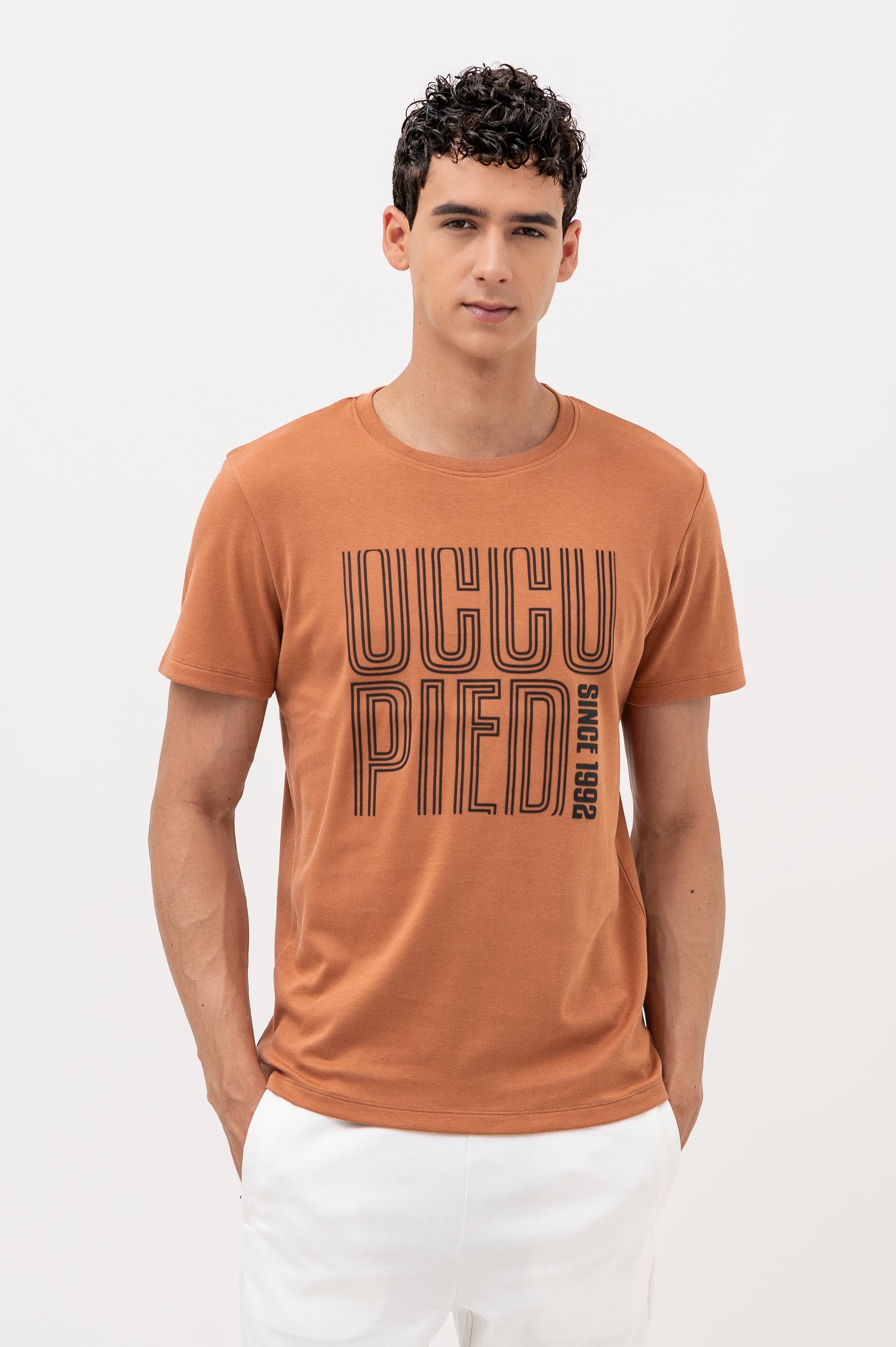 Mens Crew Neck Half Sleeve T-Shirt with Chest Print Brown