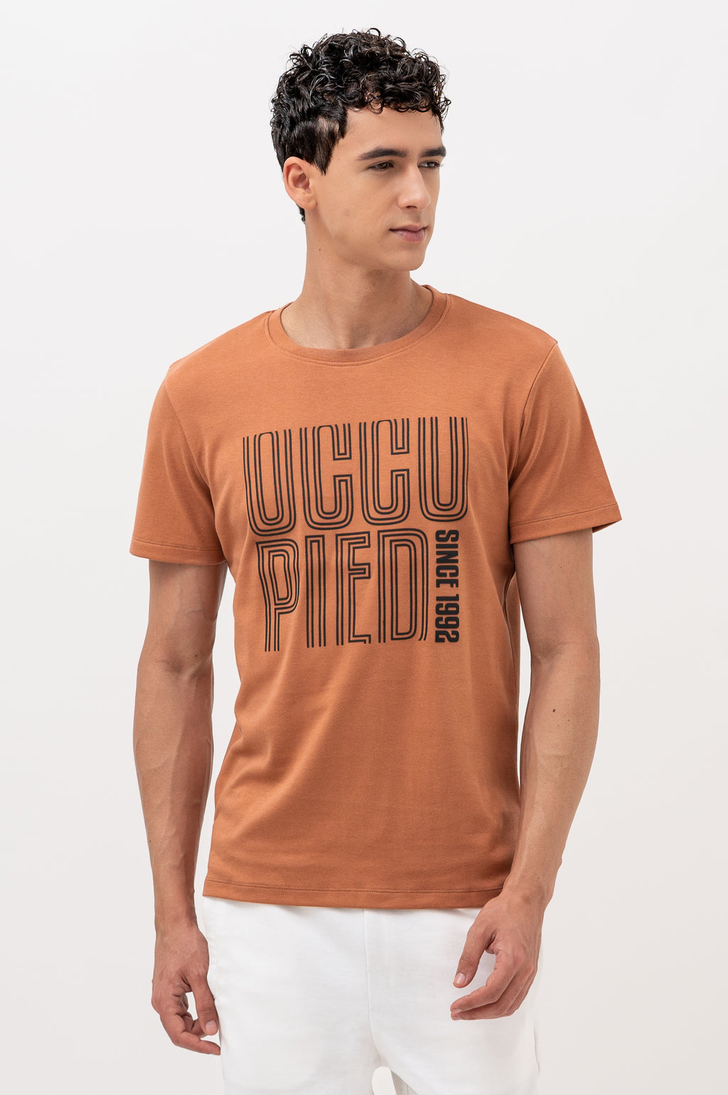 Mens Crew Neck Half Sleeve T-Shirt with Chest Print Brown