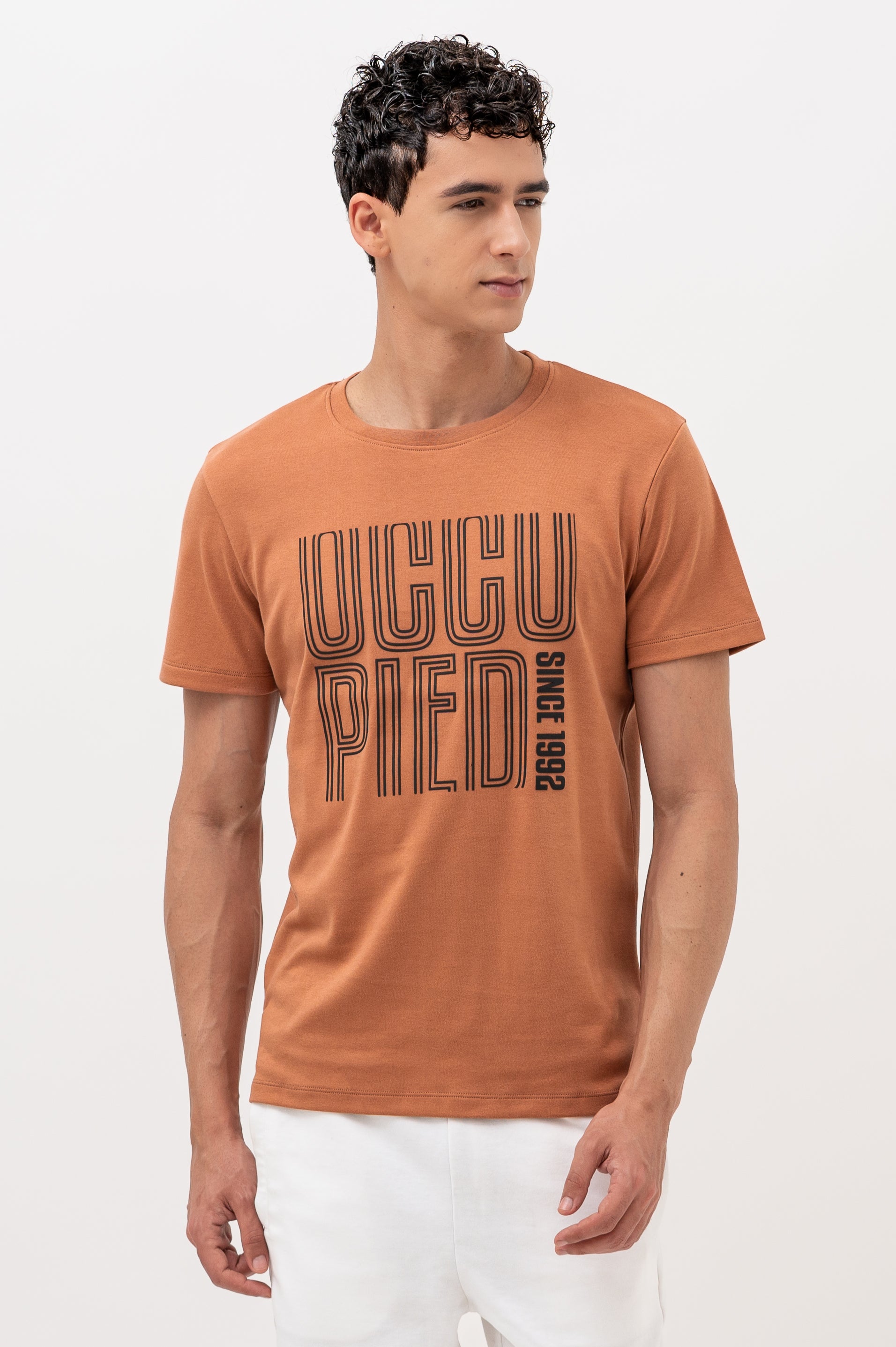 Mens Crew Neck Half Sleeve T-Shirt with Chest Print Brown