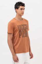 Mens Crew Neck Half Sleeve T-Shirt with Chest Print Brown