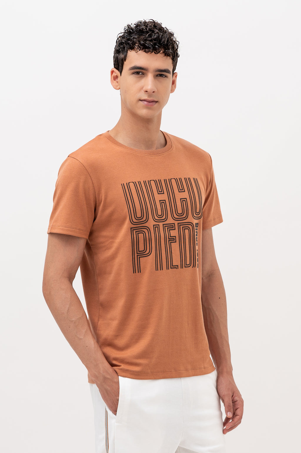 Mens Crew Neck Half Sleeve T-Shirt with Chest Print Brown