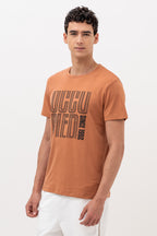 Mens Crew Neck Half Sleeve T-Shirt with Chest Print Brown
