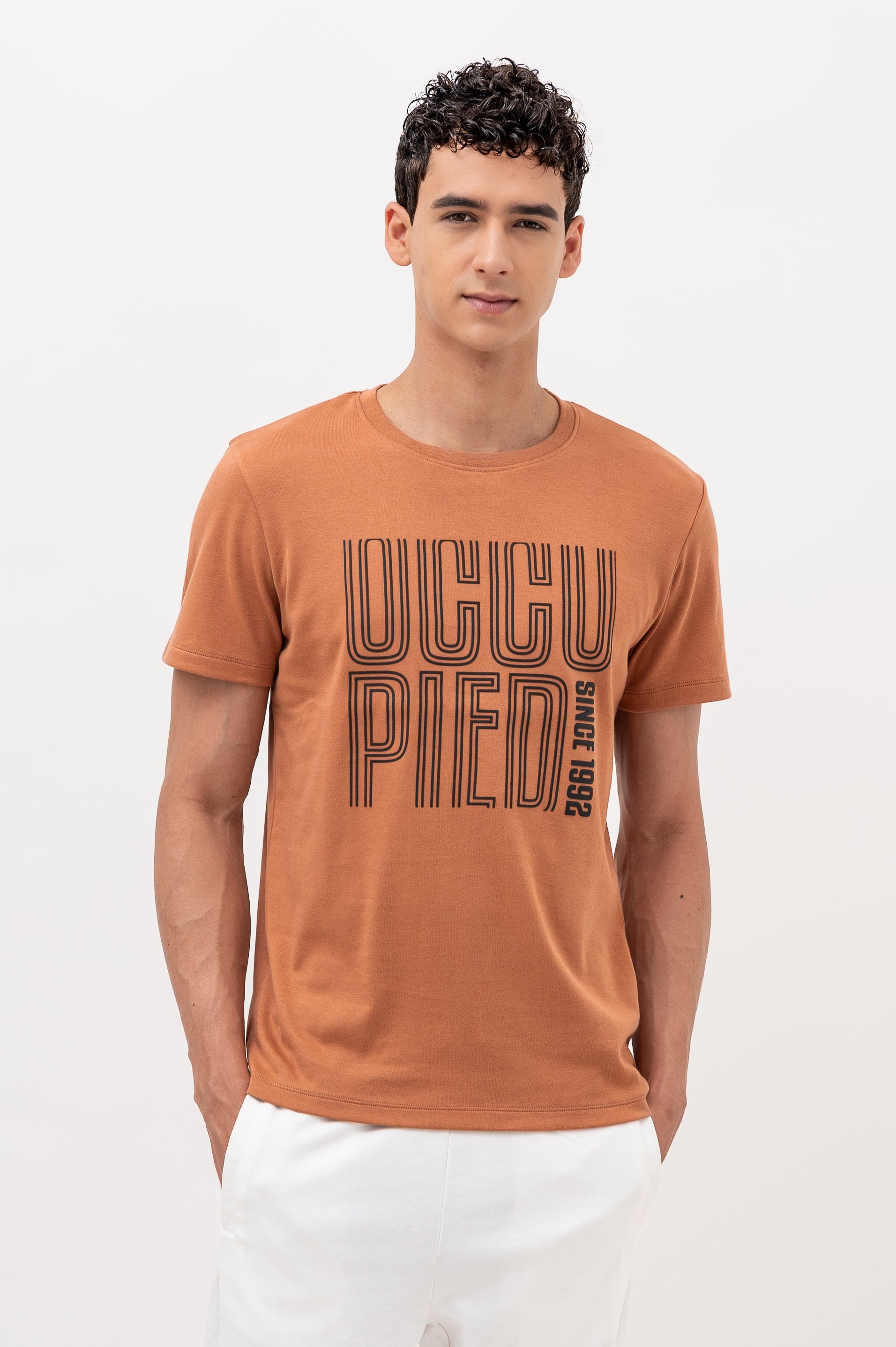 Mens Crew Neck Half Sleeve T-Shirt with Chest Print Brown